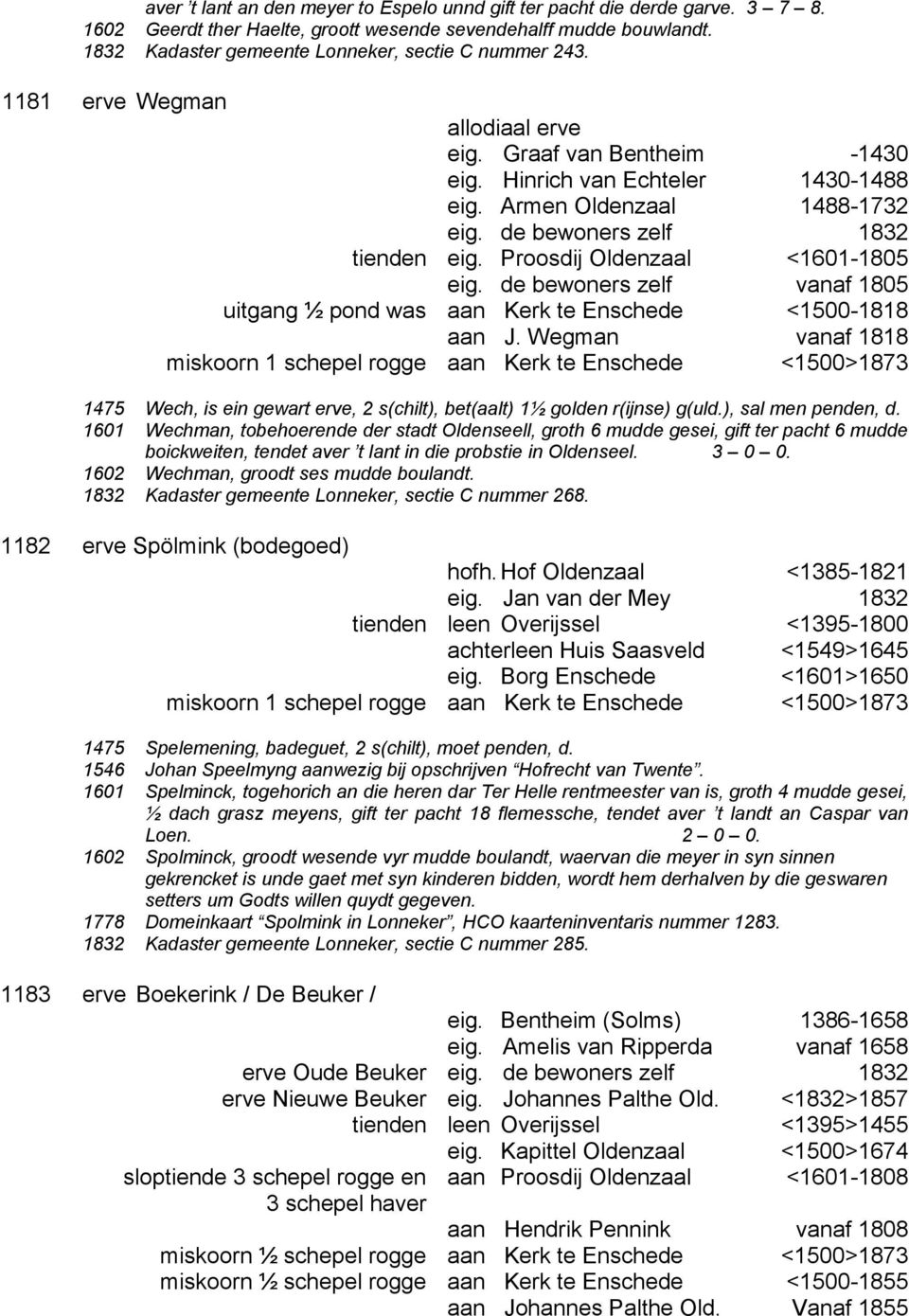 de bewoners zelf 1832 tienden eig. Proosdij Oldenzaal <1601-1805 eig. de bewoners zelf vanaf 1805 uitgang ½ pond was aan Kerk te Enschede <1500-1818 aan J.