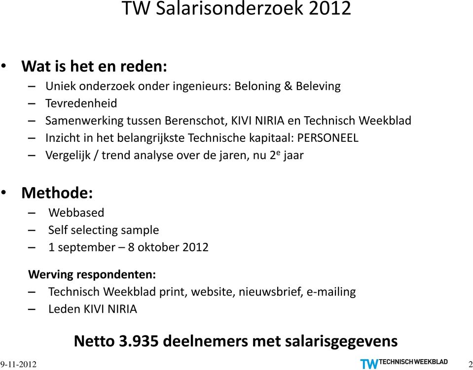 over de jaren, nu 2 e jaar Methode: Webbased Self selecting sample 1 september 8 oktober 2012 Werving respondenten: