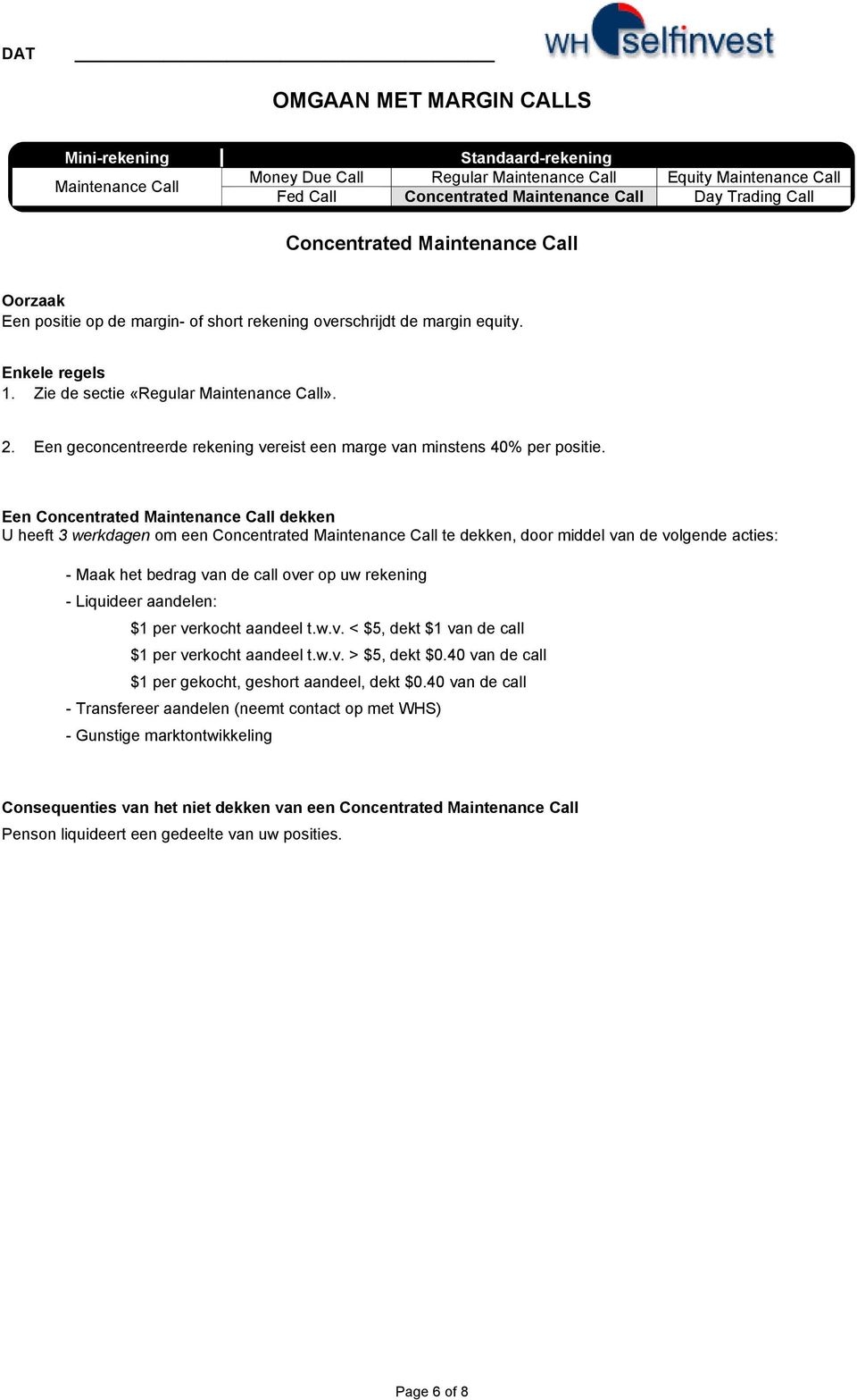 Een Concentrated dekken U heeft 3 werkdagen om een Concentrated te dekken, door middel van de volgende acties: - Maak het bedrag van de call over op uw rekening - Liquideer aandelen: $1 per verkocht