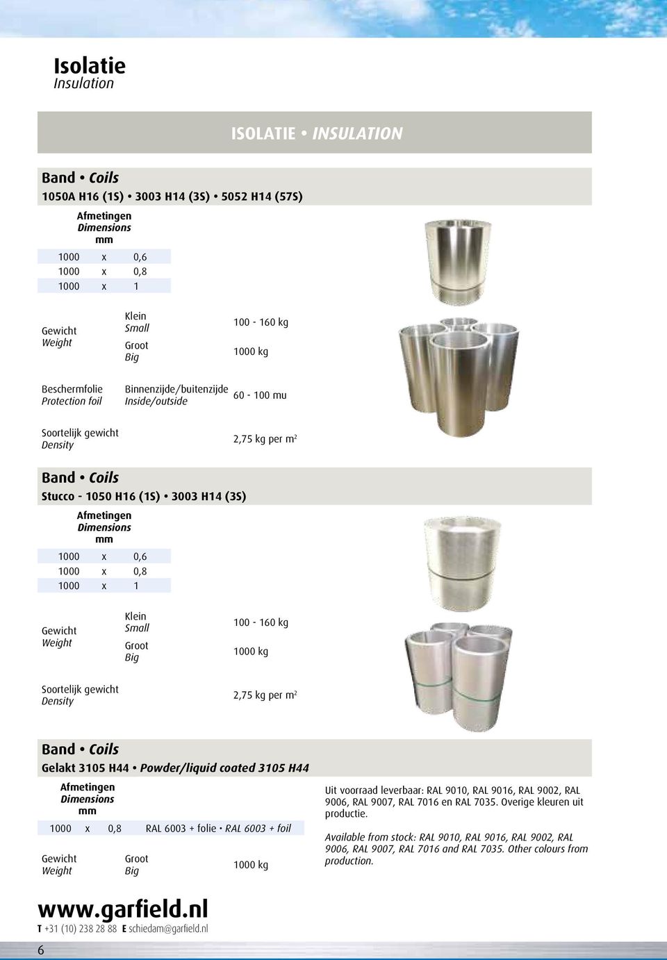 1000 x 0,6 1000 x 0,8 1000 x 1 Gewicht Weight Klein Small Groot ig 100-160 kg 1000 kg Soortelijk gewicht ensity 2,75 kg per m 2 and Coils Gelakt 3105 H44 Powder/liquid coated 3105 H44 Afmetingen
