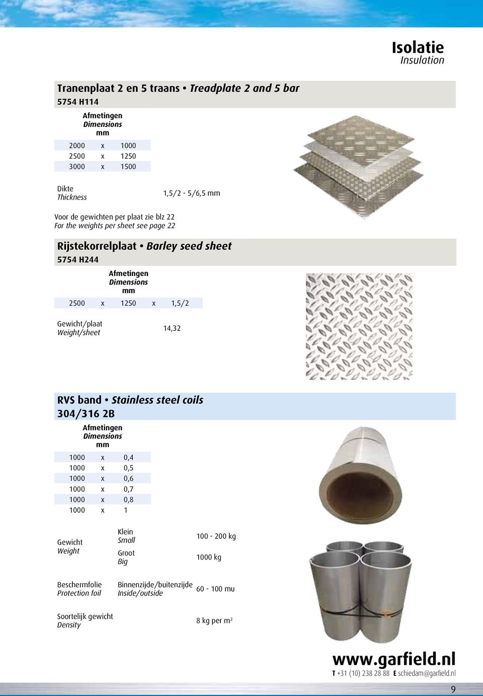 1,5/2 Gewicht/plaat Weight/sheet 14,32 RVS band Stainless steel coils 304/316 2 Afmetingen imensions mm 1000 x 0,4 1000 x 0,5 1000 x 0,6 1000 x 0,7 1000 x 0,8 1000 x 1