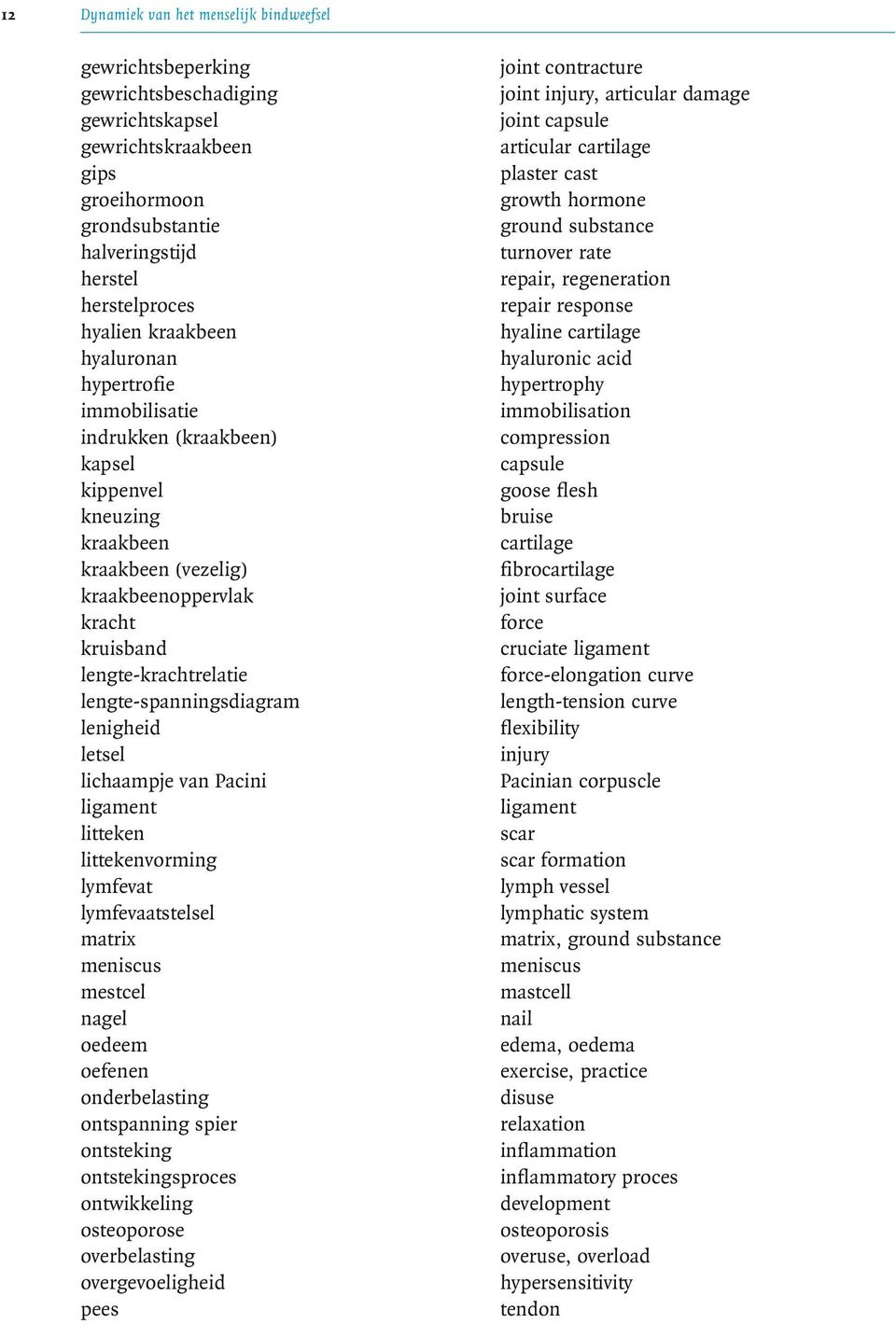 lengte-spanningsdiagram lenigheid letsel lichaampje van Pacini ligament litteken littekenvorming lymfevat lymfevaatstelsel matrix meniscus mestcel nagel oedeem oefenen onderbelasting ontspanning