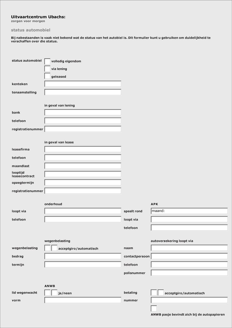 status automobiel volledig eigendom via lening geleased kenteken testelling in geval van lening bank registratienummer in geval van lease leasefirma maandlast looptijd