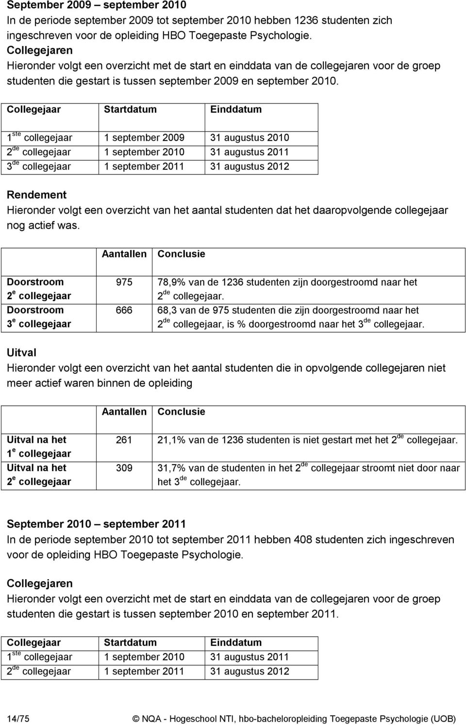 Collegejaar Startdatum Einddatum 1 ste collegejaar 1 september 2009 31 augustus 2010 2 de collegejaar 1 september 2010 31 augustus 2011 3 de collegejaar 1 september 2011 31 augustus 2012 Rendement