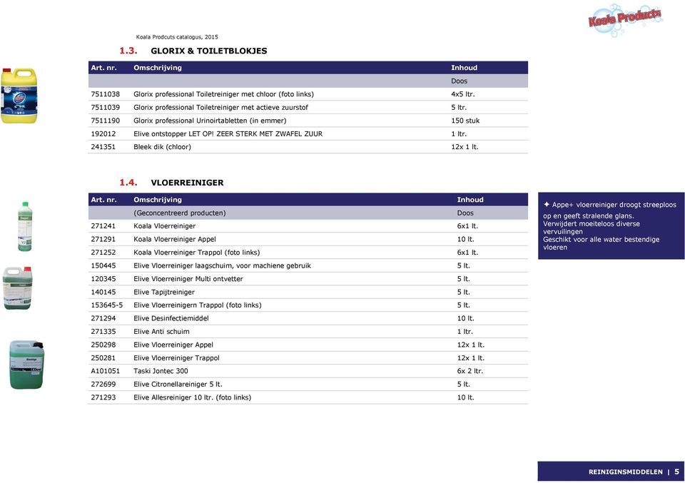 ZEER STERK MET ZWAFEL ZUUR 1 ltr. 241351 Bleek dik (chloor) 12x 1 lt. 1.4. VLOERREINIGER Art. nr. Omschrijving Inhoud (Geconcentreerd producten) Doos 271241 Koala Vloerreiniger 6x1 lt.