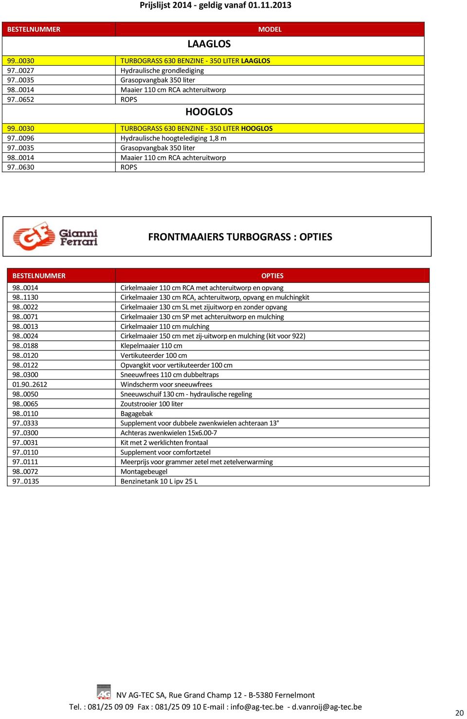 .0630 ROPS FRONTMAAIERS TURBOGRASS : OPTIES OPTIES 98..0014 Cirkelmaaier 110 cm RCA met achteruitworp en opvang 98..1130 Cirkelmaaier 130 cm RCA, achteruitworp, opvang en mulchingkit 98.