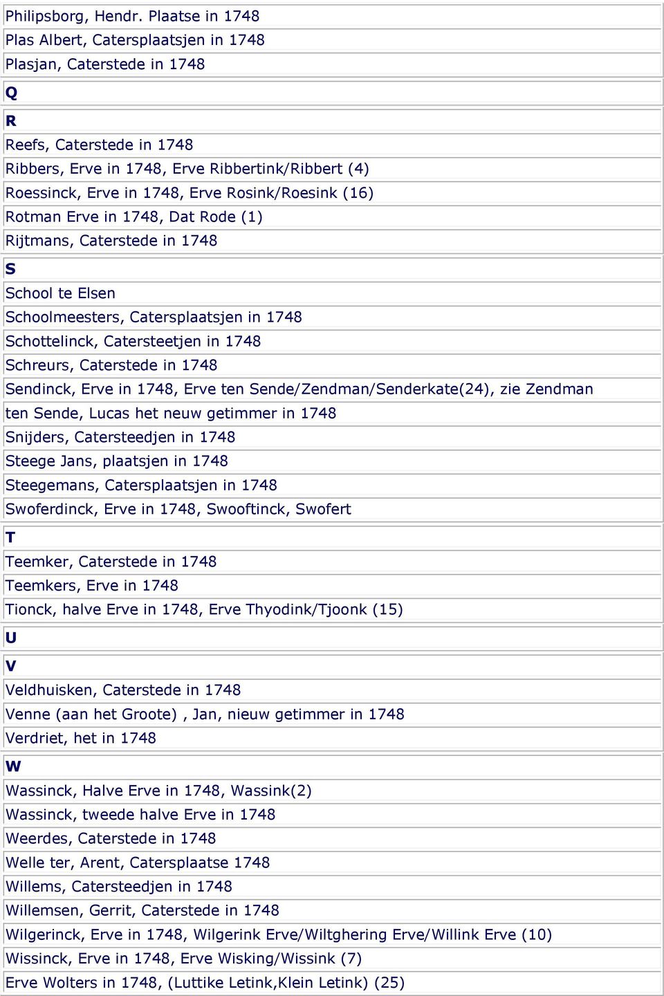 Rosink/Roesink (16) Rotman Erve in 1748, Dat Rode (1) Rijtmans, Caterstede in 1748 S School te Elsen Schoolmeesters, Catersplaatsjen in 1748 Schottelinck, Catersteetjen in 1748 Schreurs, Caterstede