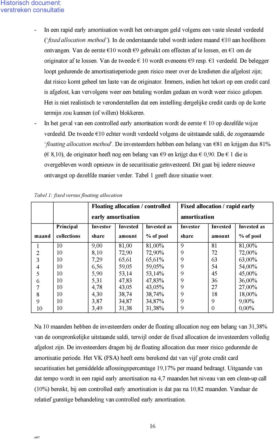 De belegger loopt gedurende de amortisatieperiode geen risico meer over de kredieten die afgelost zijn; dat risico komt geheel ten laste van de originator.