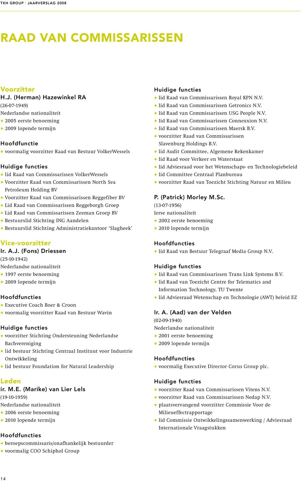 (Herman) Hazewinkel RA (26-07-1949) Nederlandse nationaliteit 2005 eerste benoeming 2009 lopende termijn Hoofdfunctie voormalig voorzitter Raad van Bestuur VolkerWessels Huidige functies lid Raad van
