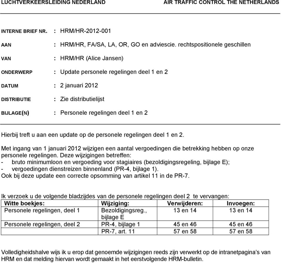 deel 1 en 2 Hierbij treft u aan een update op de personele regelingen deel 1 en 2. Met ingang van 1 januari 2012 wijzigen een aantal vergoedingen die betrekking hebben op onze personele regelingen.