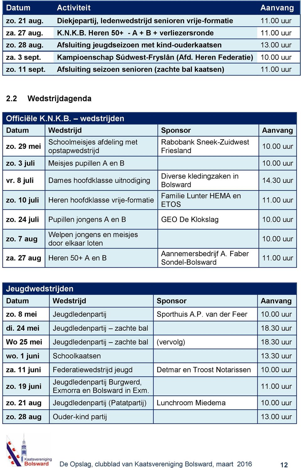 00 uur 2.2 Wedstrijdagenda Officiële K.N.K.B. wedstrijden Datum Wedstrijd Sponsor Aanvang zo. 29 mei Schoolmeisjes afdeling met opstapwedstrijd Rabobank Sneek-Zuidwest Friesland 10.00 uur zo.