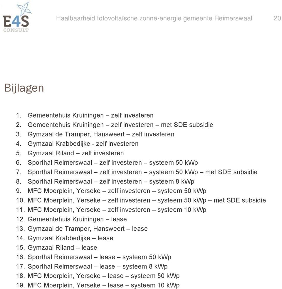 Sporthal Reimerswaal zelf investeren systeem 50 kwp met SDE subsidie 8. Sporthal Reimerswaal zelf investeren systeem 8 kwp 9. MFC Moerplein, Yerseke zelf investeren systeem 50 kwp 10.