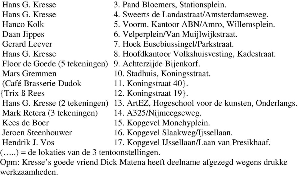 Mars Gremmen 10. Stadhuis, Koningsstraat. (Café Brasserie Dudok 11. Koningstraat 40}. {Trix ß Rees 12. Koningstraat 19}. Hans G. Kresse (2 tekeningen) 13.