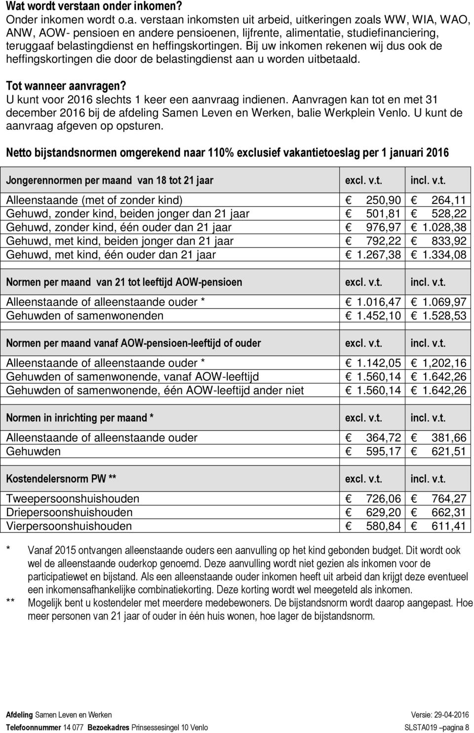 Aanvragen kan tot en met 31 december 2016 bij de afdeling Samen Leven en Werken, balie Werkplein Venlo. U kunt de aanvraag afgeven op opsturen.