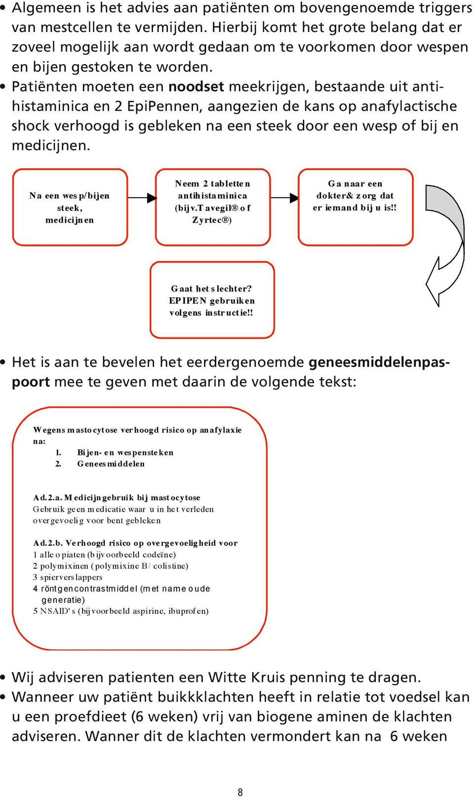 Patiënten moeten een noodset meekrijgen, bestaande uit antihistaminica en 2 EpiPennen, aangezien de kans op anafylactische shock verhoogd is gebleken na een steek door een wesp of bij en medicijnen.