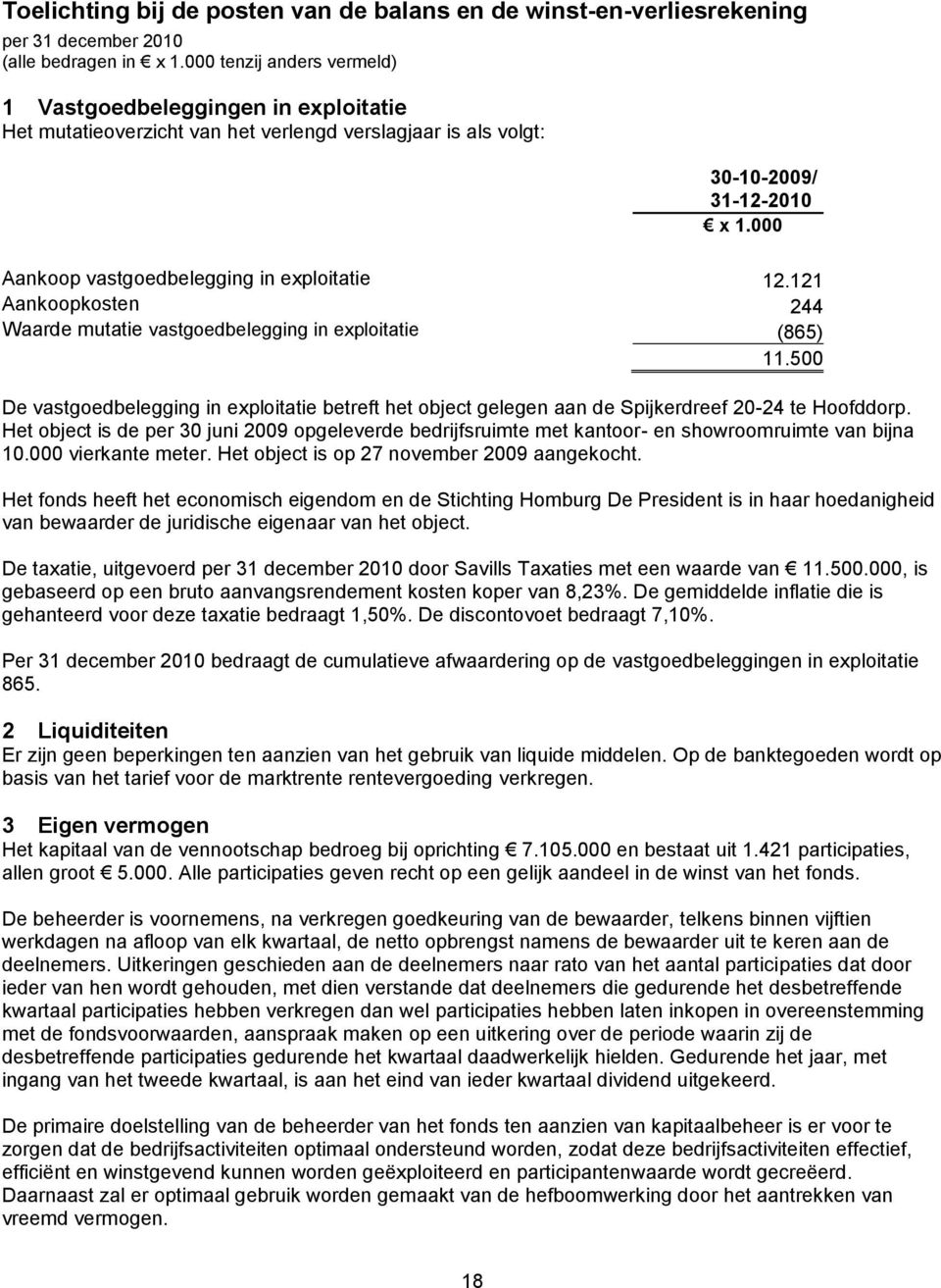 000 Aankoop vastgoedbelegging in exploitatie 12.121 Aankoopkosten 244 Waarde mutatie vastgoedbelegging in exploitatie (865) 11.