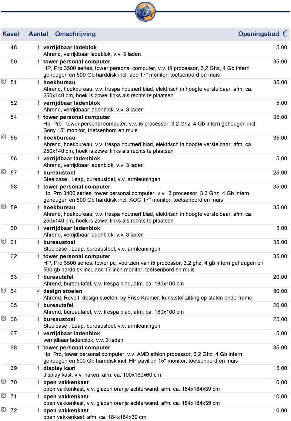 250x140 cm, hoek is zowel links als rechts te plaatsen 52 1 verrijdbaar ladenblok Ahrend, verrijdbaar ladenblok, v.v. 3 laden 54 1 tower personal computer Hp, Pro, tower personal computer, v.v. i5 processor, 3,2 Ghz, 4 Gb intern geheugen incl.