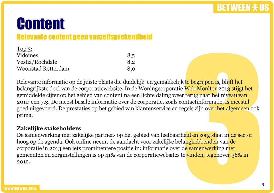 In de Woningcorporatie Web Monitor 2013 stijgt het gemiddelde cijfer op het gebied van content na een lichte daling weer terug naar het niveau van 2011: een 7,3.