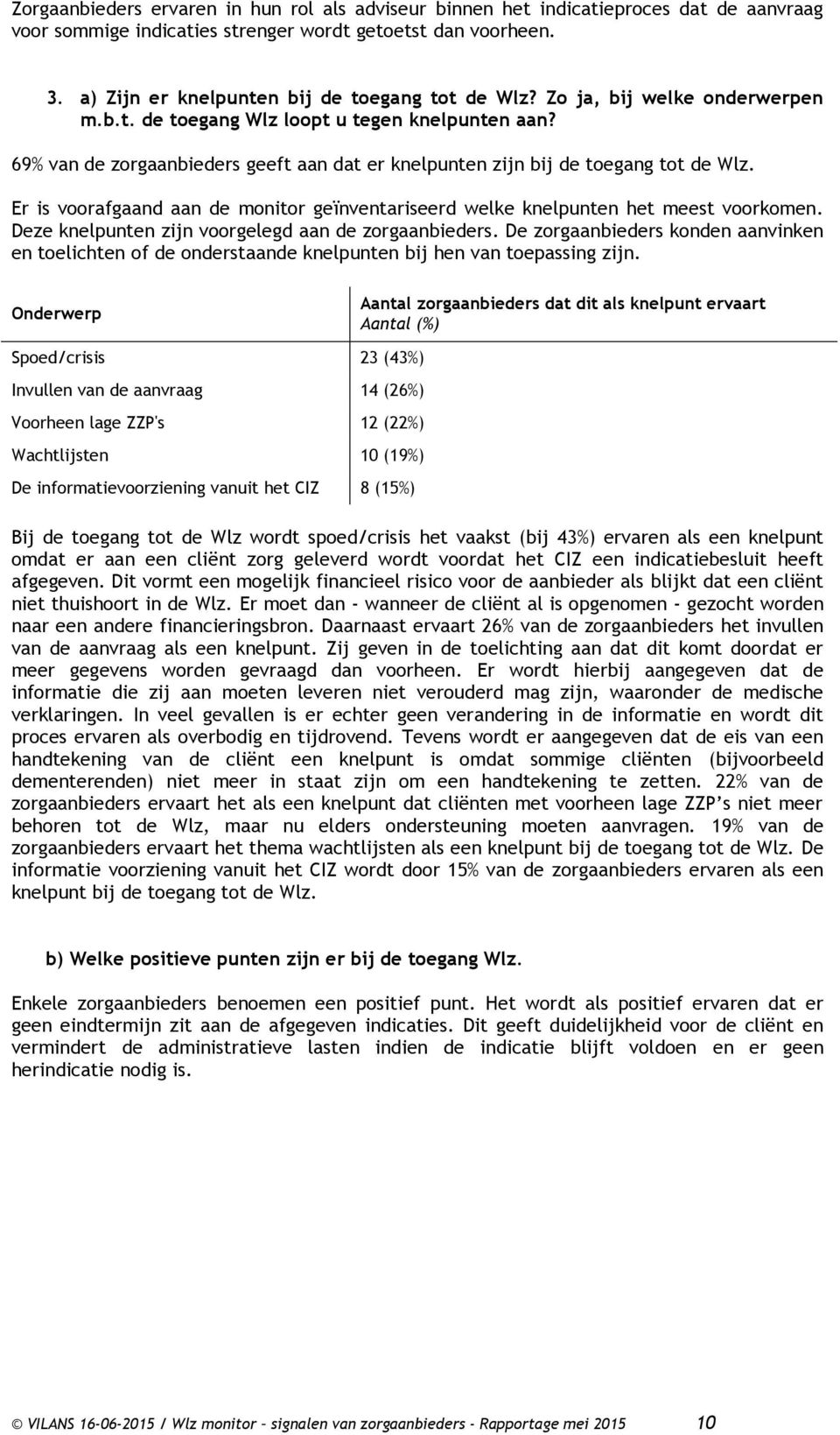 69% van de zorgaanbieders geeft aan dat er knelpunten zijn bij de toegang tot de Wlz. Er is voorafgaand aan de monitor geïnventariseerd welke knelpunten het meest voorkomen.