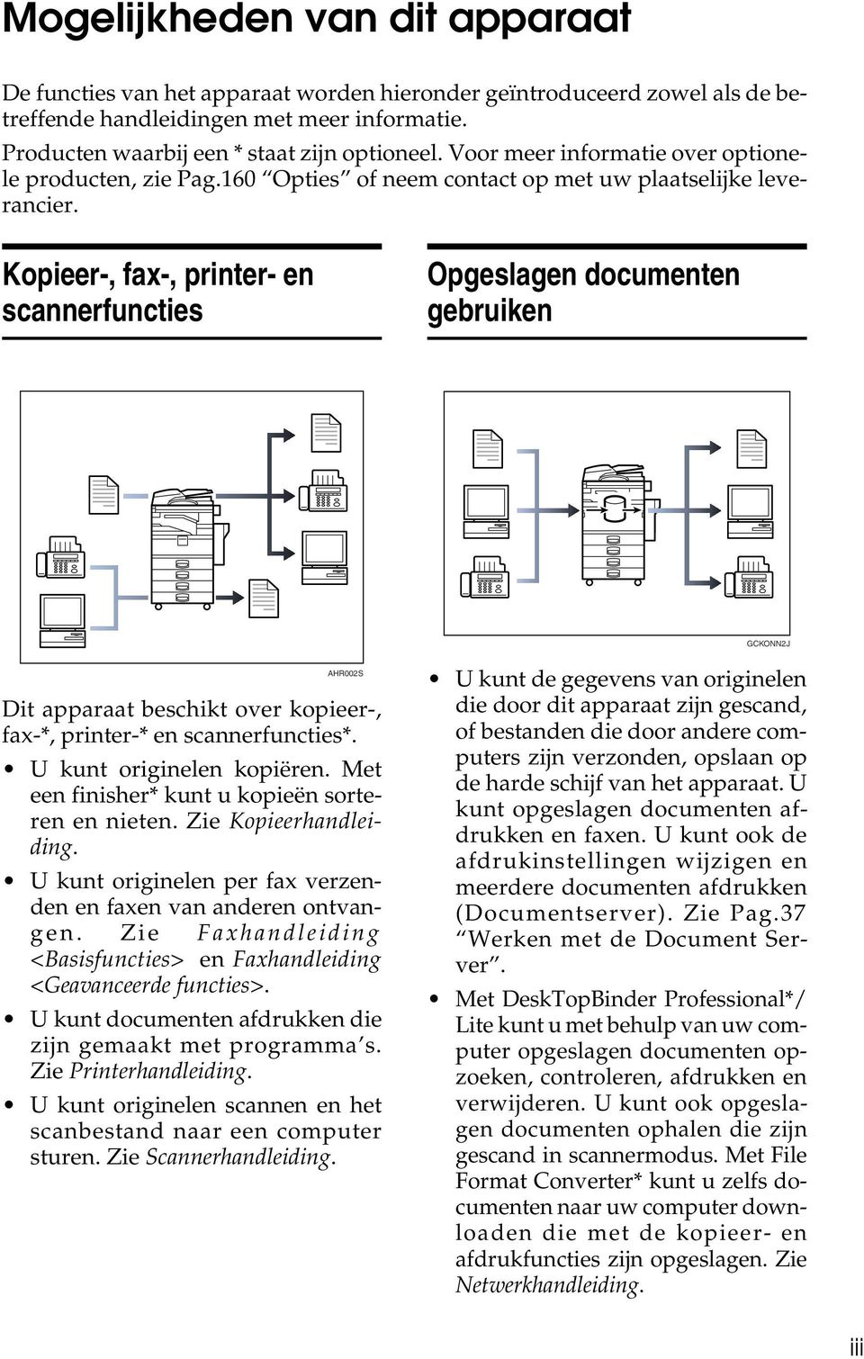 Kopieer-, fax-, printer- en scannerfuncties Opgeslagen documenten gebruiken GCKONN2J AHR002S Dit apparaat beschikt over kopieer-, fax-*, printer-* en scannerfuncties*. U kunt originelen kopiëren.