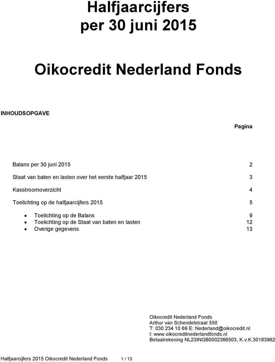 van baten en lasten 12 Overige gegevens 13 Oikocredit Nederland Fonds Arthur van Schendelstraat 550 T: 030 234 10 69 E: Nederland@oikocredit.