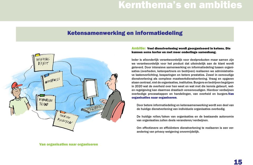 Door intensieve samenwerking en informatiedeling tussen organisaties (overheden, ketenpartners en bedrijven) realiseren we administratieve lastenverlichting, besparingen en betere prestaties.