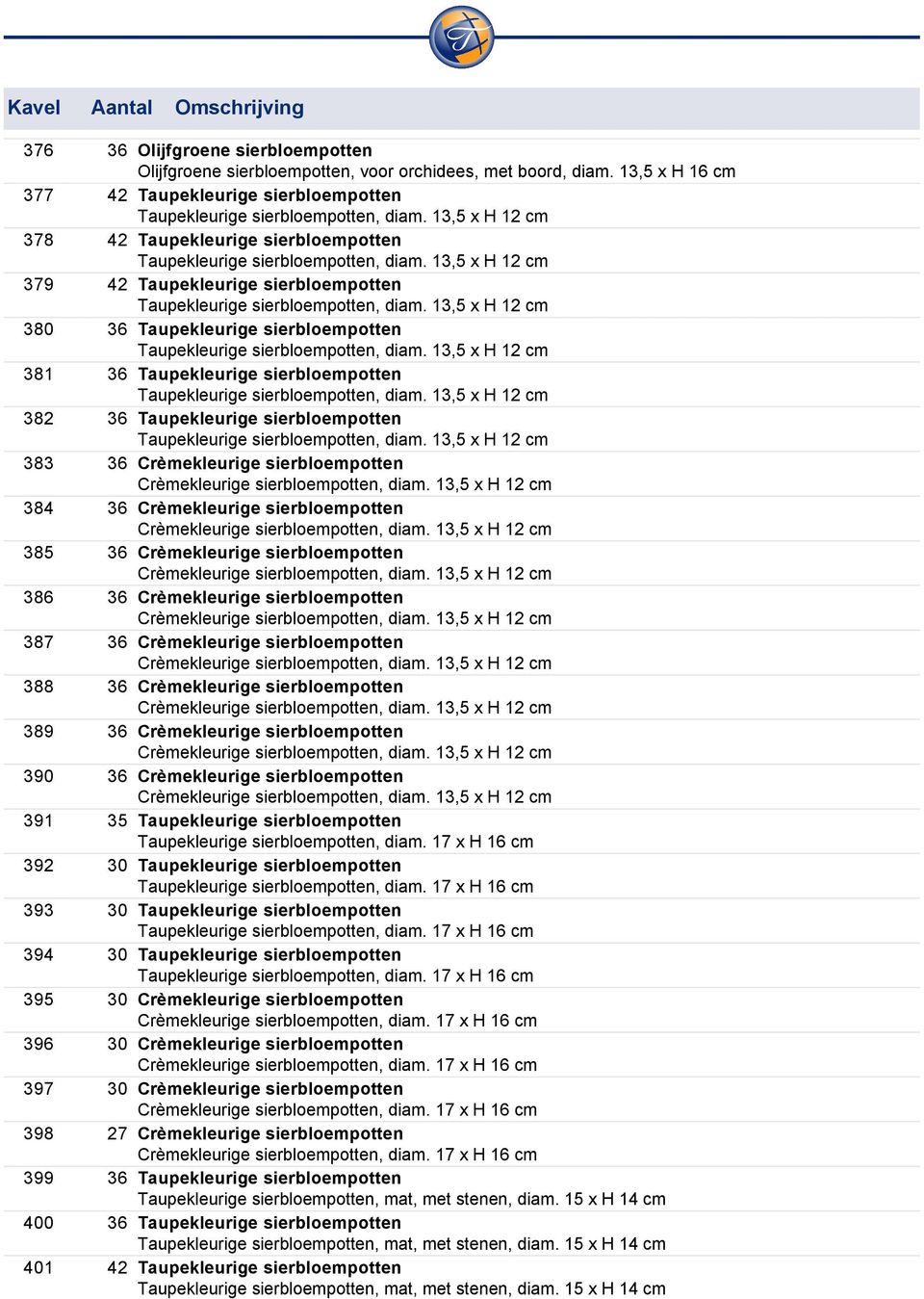 13,5 x H 12 cm 380 36 Taupekleurige sierbloempotten Taupekleurige sierbloempotten, diam. 13,5 x H 12 cm 381 36 Taupekleurige sierbloempotten Taupekleurige sierbloempotten, diam.