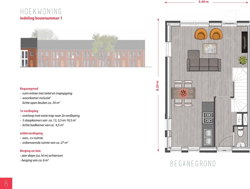 20 m 1e verdieping - overloop met vaste trap naar 2e verdieping - 3 slaapkamers van ca.