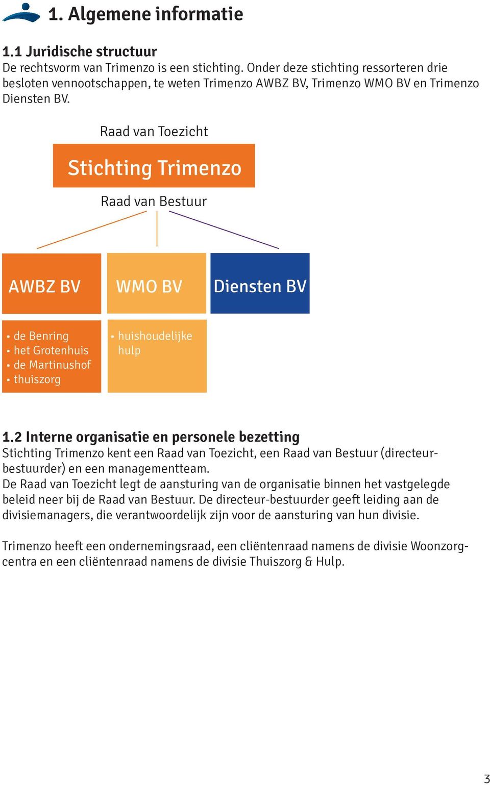 2 Interne organisatie en personele bezetting Stichting Trimenzo kent een Raad van Toezicht, een Raad van Bestuur (directeurbestuurder) en een managementteam.