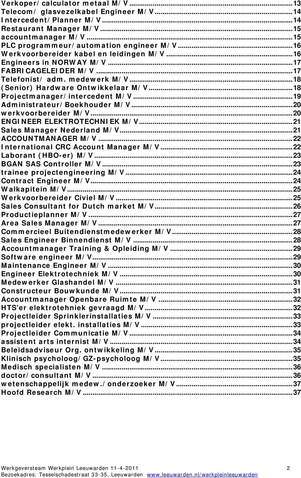 .. 18 (Senior) Hardware Ontwikkelaar M/V... 18 Projectmanager/intercedent M/V... 19 Administrateur/Boekhouder M/V... 20 werkvoorbereider M/V... 20 ENGINEER ELEKTROTECHNIEK M/V.