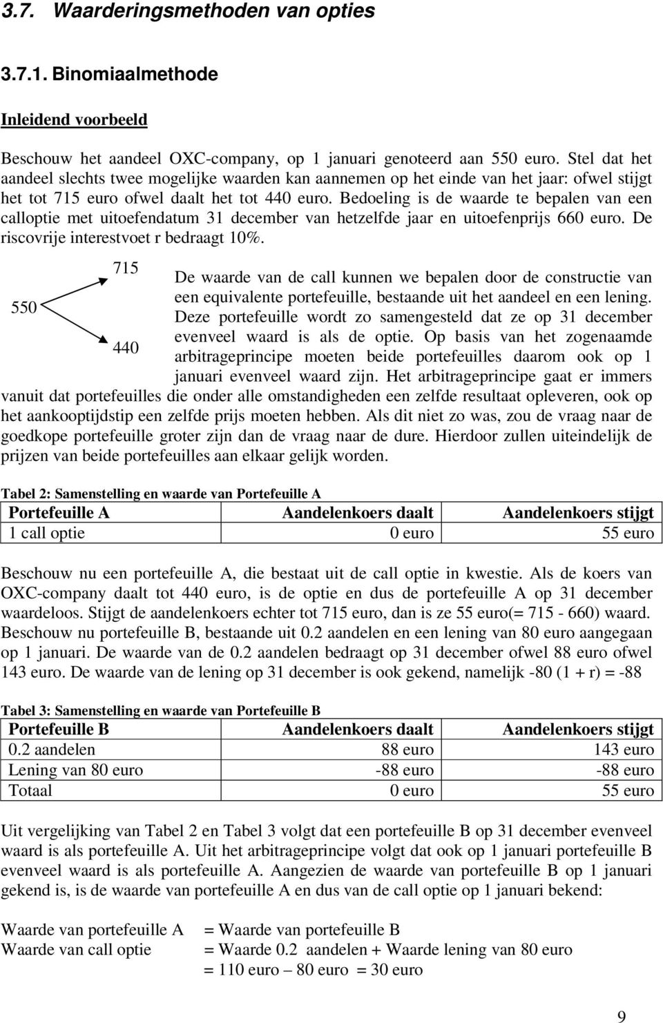 Bedoeling is de waarde te bepalen van een calloptie met uitoefendatum 31 december van hetzelfde jaar en uitoefenprijs 660 euro. De riscovrije interestvoet r bedraagt 10%.