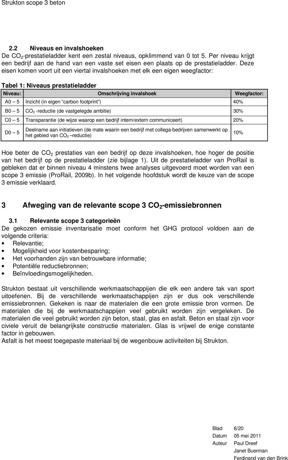 Deze eisen komen voort uit een viertal invalshoeken met elk een eigen weegfactor: Tabel 1: Niveaus prestatieladder Niveau: Omschrijving invalshoek Weegfactor: A0 5 Inzicht (in eigen carbon footprint