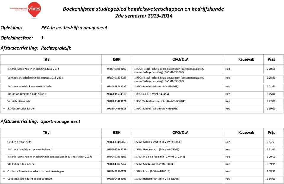 handels-& economisch recht 9789045543932 1 REC: Handelsrecht (B-VIVN-B3G039) Nee 21,60 MS Office-integratie in de praktijk 9789045534312 1 REC: ICT 2 (B-VIVN-B3G055) Nee 15,00 Verbintenissenrecht