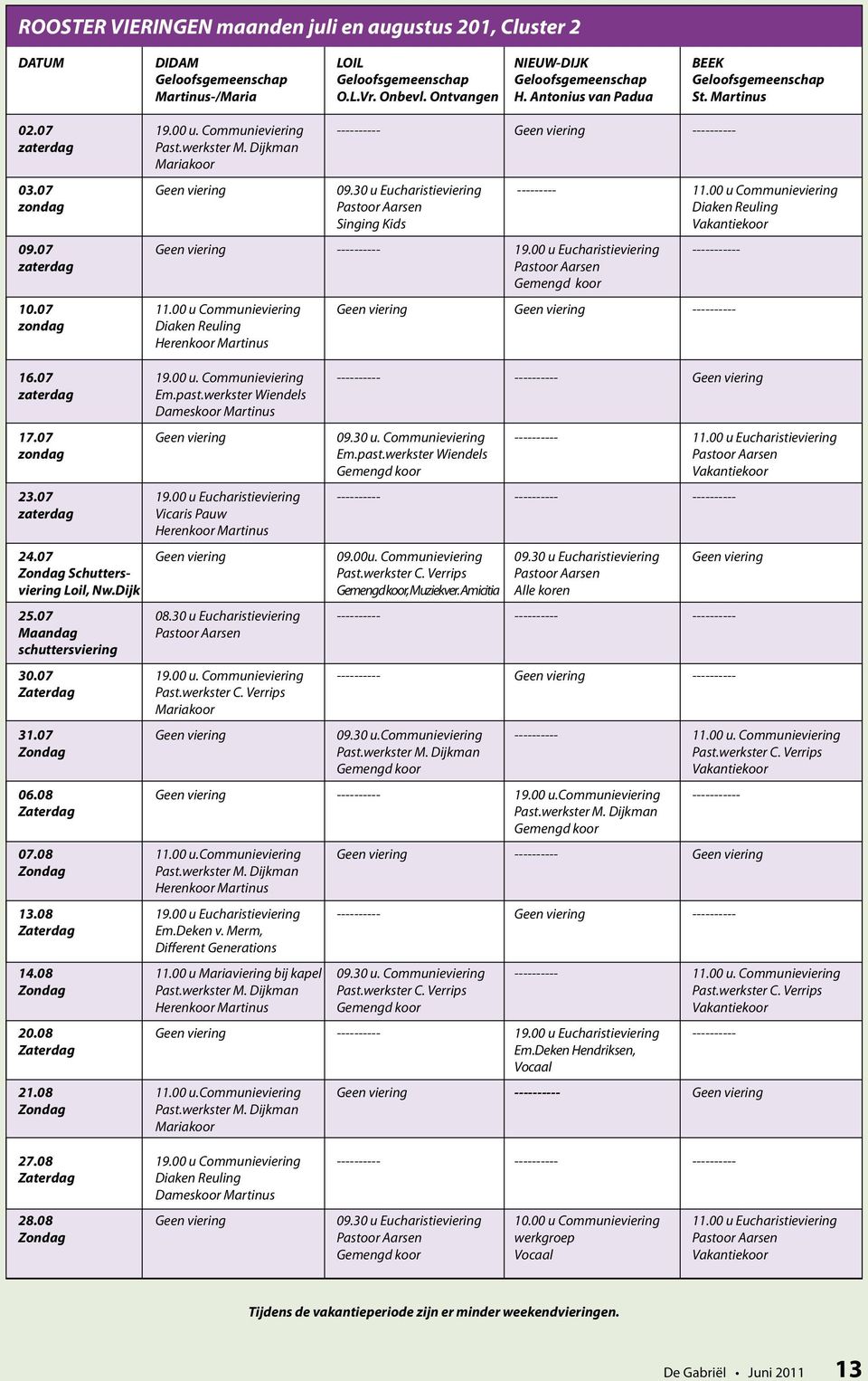 30 u Eucharistieviering --------- 11.00 u Communieviering zondag Pastoor Aarsen Singing Kids Vakantiekoor 09.07 Geen viering ---------- 19.