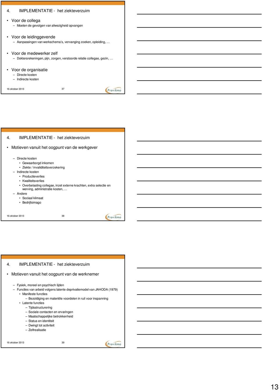 IMPLEMENTATIE - het ziekteverzuim Motieven vanuit het oogpunt van de werkgever Directe kosten Gewaarborgd inkomen Ziekte / invaliditeitsverzekering Indirecte kosten Productieverlies Kwaliteitsverlies