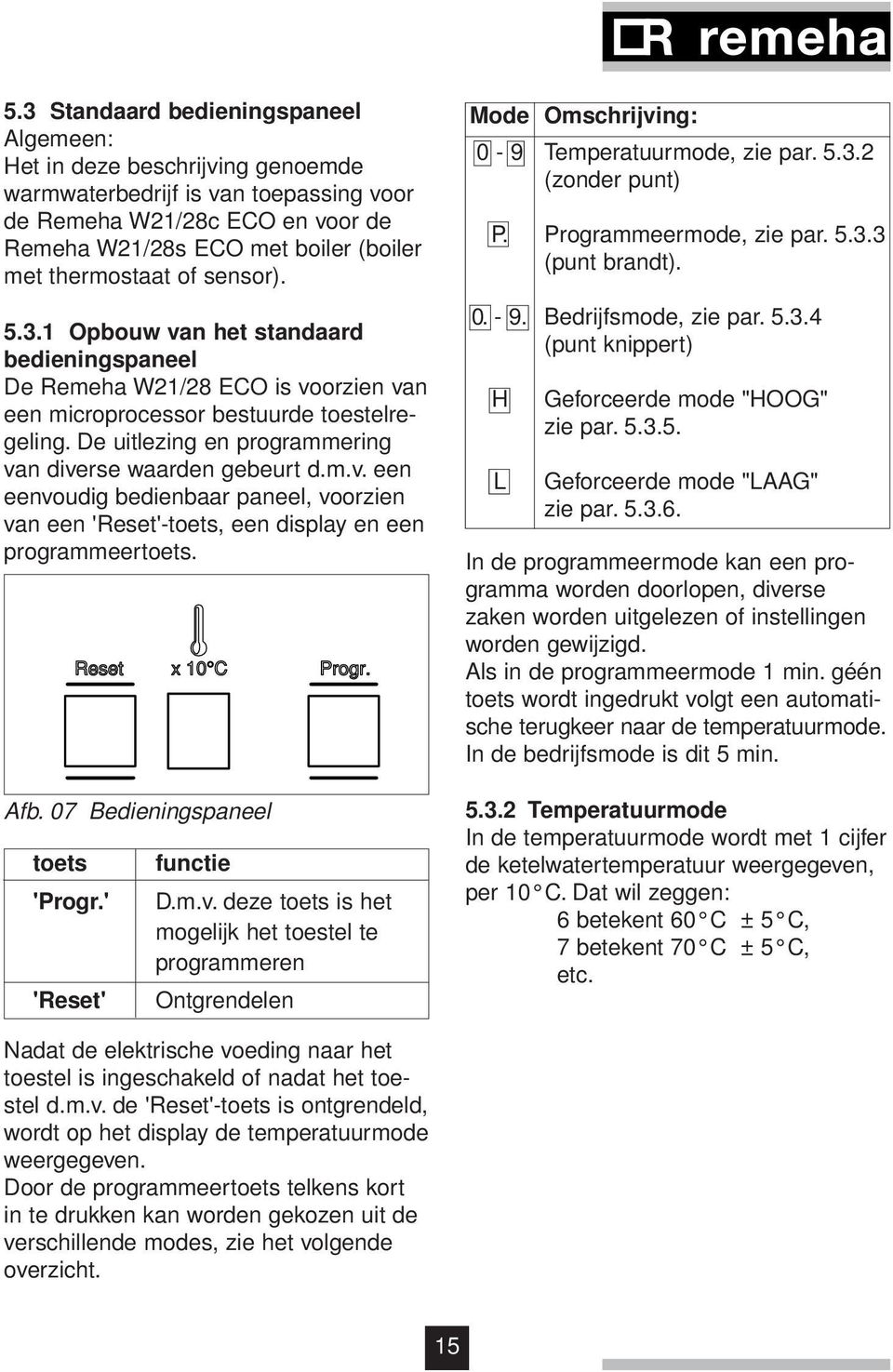 De uitlezing en programmering van diverse waarden gebeurt d.m.v. een eenvoudig bedienbaar paneel, voorzien van een 'Reset'toets, een display en een programmeertoets. Afb.