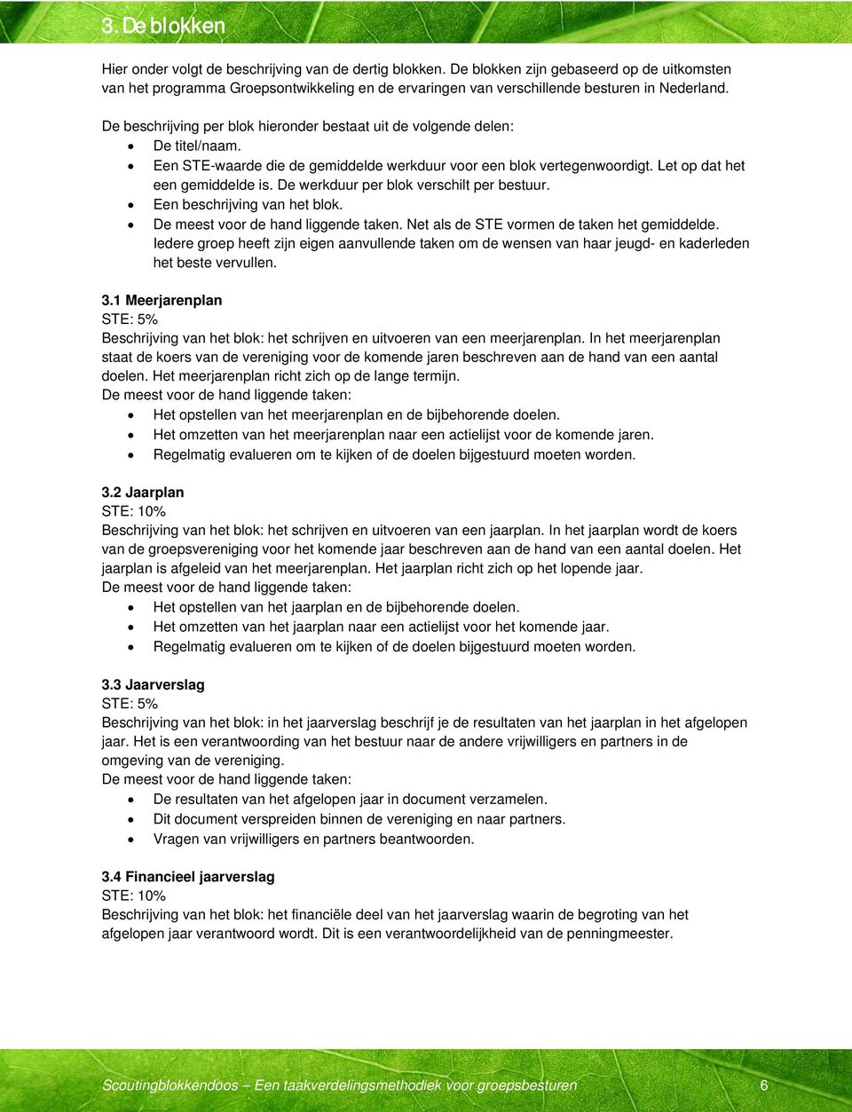 De beschrijving per blok hieronder bestaat uit de volgende delen: De titel/naam. Een STE-waarde die de gemiddelde werkduur voor een blok vertegenwoordigt. Let op dat het een gemiddelde is.