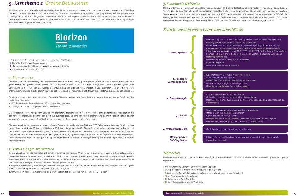 Bij groene bouwstenen wordt vooral ingezet op het realiseren van groei van het Shared Research Center Bio-aromaten, Biorizon geheten (zie www.biorizon.eu).