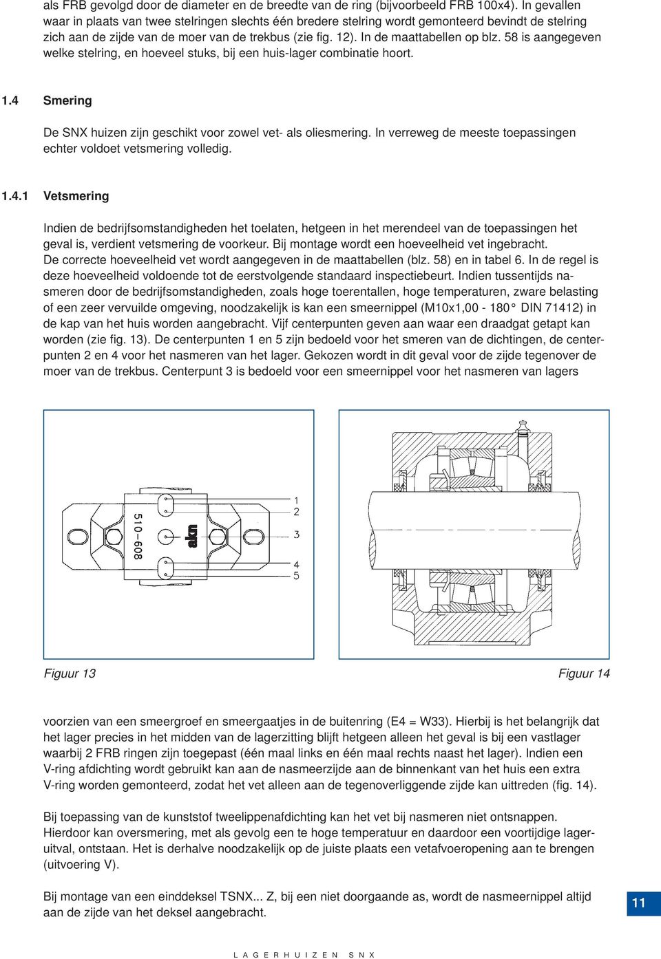 58 is aangegeven welke stelring, en hoeveel stuks, bij een huis-lager combinatie hoort. 1.4 Smering De SNX huizen zijn geschikt voor zowel vet- als oliesmering.