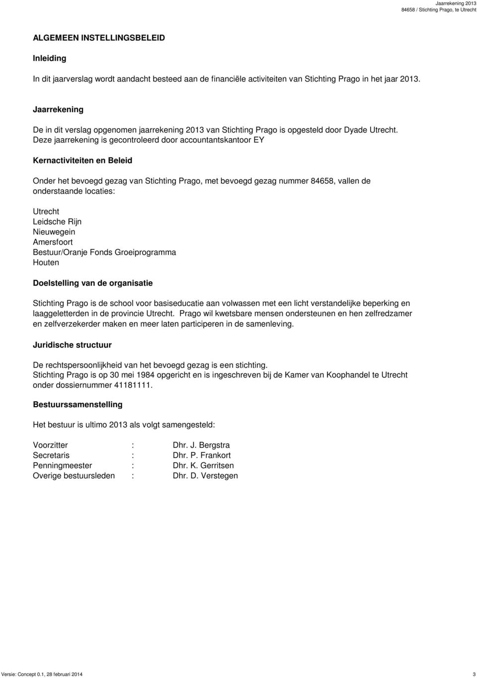 Deze jaarrekening is gecontroleerd door accountantskantoor EY Kernactiviteiten en Beleid Onder het bevoegd gezag van Stichting Prago, met bevoegd gezag nummer 84658, vallen de onderstaande locaties: