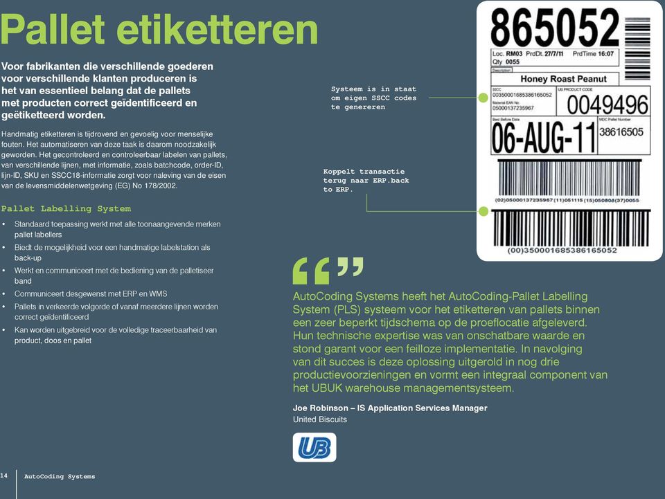 Het gecontroleerd en controleerbaar labelen van pallets, van verschillende lijnen, met informatie, zoals batchcode, order-id, lijn-id, SKU en SSCC18-informatie zorgt voor naleving van de eisen van de