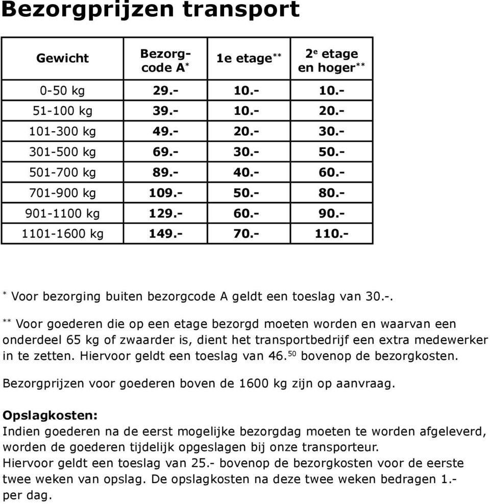 Hiervoor geldt een toeslag van 46. 50 bovenop de bezorgkosten. Bezorgprijzen voor goederen boven de 1600 kg zijn op aanvraag.