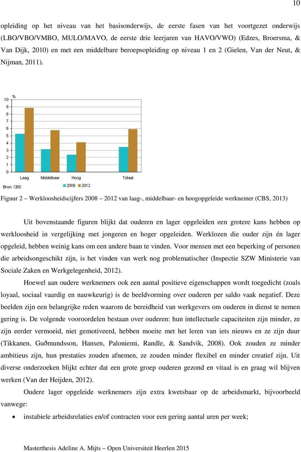 Figuur 2 Werkloosheidscijfers 2008 2012 van laag-, middelbaar- en hoogopgeleide werknemer (CBS, 2013) Uit bovenstaande figuren blijkt dat ouderen en lager opgeleiden een grotere kans hebben op