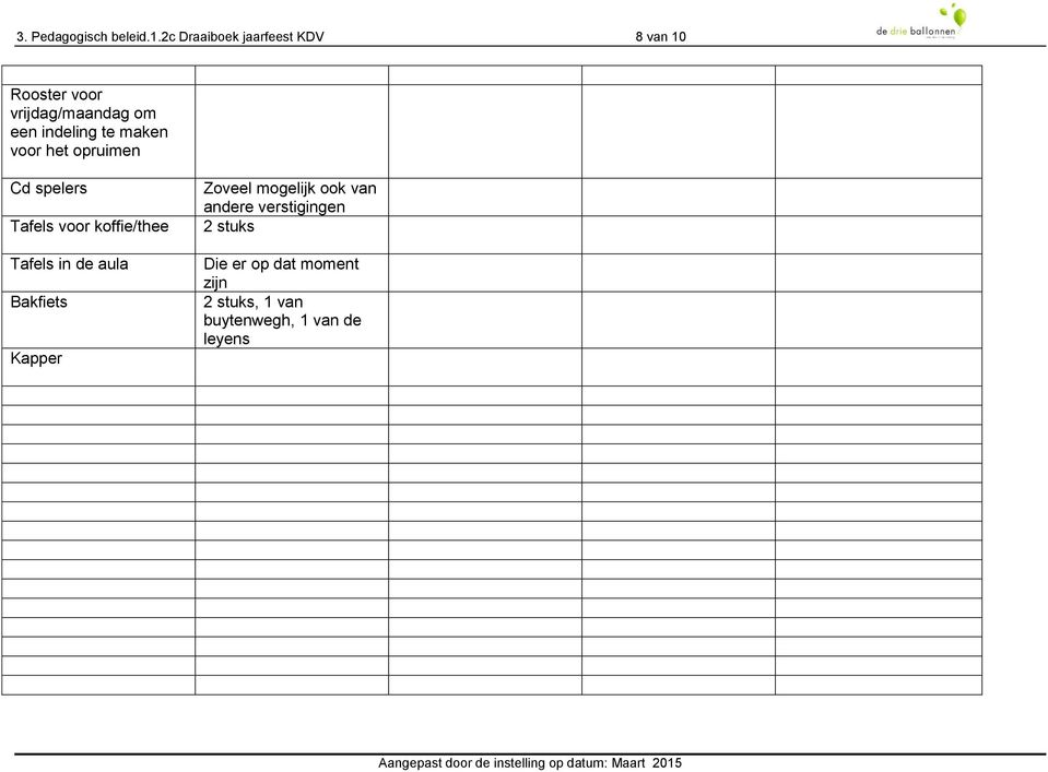 te maken voor het opruimen Cd spelers Tafels voor koffie/thee Tafels in de aula