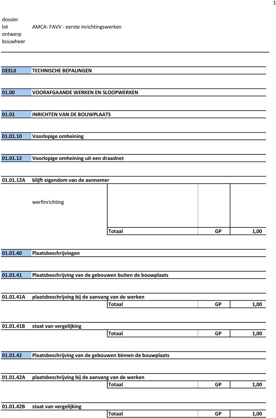 01.41A plaatsbeschrijving bij de aanvang van de werken Totaal GP 1,00 01.01.41B staat van vergelijking Totaal GP 1,00 01.01.42 Plaatsbeschrijving van de gebouwen binnen de bouwplaats 01.
