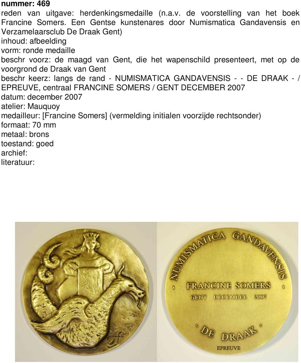 maagd van Gent, die het wapenschild presenteert, met op de voorgrond de Draak van Gent beschr keerz: langs de rand - NUMISMATICA GANDAVENSIS - -