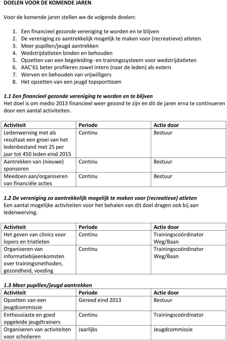 Opzetten van een begeleiding- en trainingssysteem voor wedstrijdatleten 6. AAC 61 beter profileren zowel intern (naar de leden) als extern 7. Werven en behouden van vrijwilligers 8.