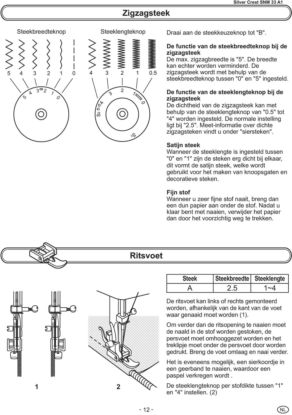 5 4 3 2 1 0 De functie van de steeklengteknop bij de zigzagsteek De dichtheid van de zigzagsteek kan met behulp van de steeklengteknop van "0.5" tot "4" worden ingesteld.