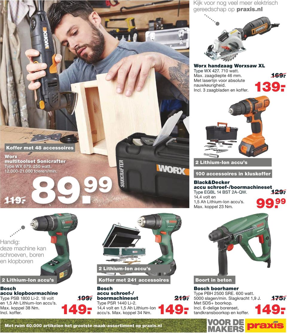 - 2 Lithium-Ion accu s 100 accessoires in kluskoffer Black&Decker accu schroef-/boormachineset Type EGBL 14 BST 2A-QW. 14,4 volt en 1,5 Ah Lithium-Ion accu s. Max. koppel 23 Nm. 129.- 99.