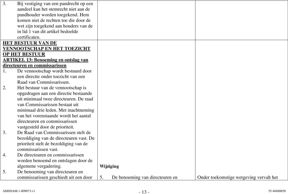 HET BESTUUR VAN DE VENNOOTSCHAP EN HET TOEZICHT OP HET BESTUUR ARTIKEL 13: Benoeming en ontslag van directeuren en commissarissen 1.